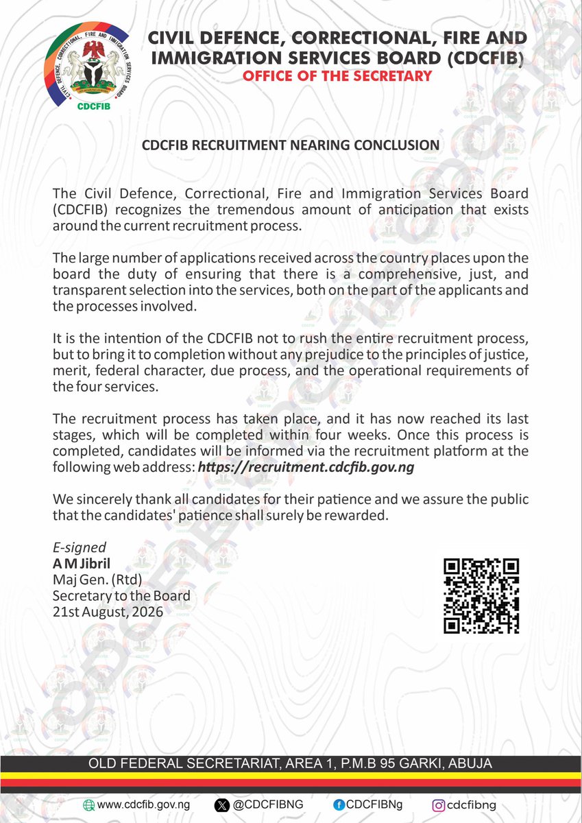 CDCFIBNG's tweet photo. Statement on CDCFIB Recruitment Nearing Conclusion https://t.co/DsNTJPZWtm