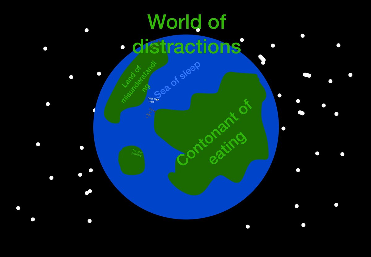 ourplayandart's tweet photo. Love the idea of
"World of distractions"
Land of misunderstanding
Continent of eating
Sea of sleep
Island of stupidity
Boat of naps
Under the influence of negative magnetic fields
#kiddrawing
#artcommunity
#writingcommunity https://t.co/KjQtFad3lA