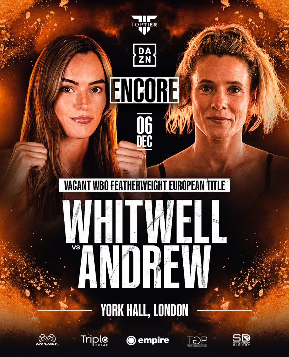 _toptierboxing's tweet photo. Whitwell and Andrew go to war for the WBO Featherweight European crown 🔥

#RedstallBranmaer | ENCORE | York Hall, London | DEC 6 | @toptier | LIVE on @daznboxing

Engineered for excellence, proven in battle | @empirefightstore ⚔️

#toptier https://t.co/K0yxjhUdhe