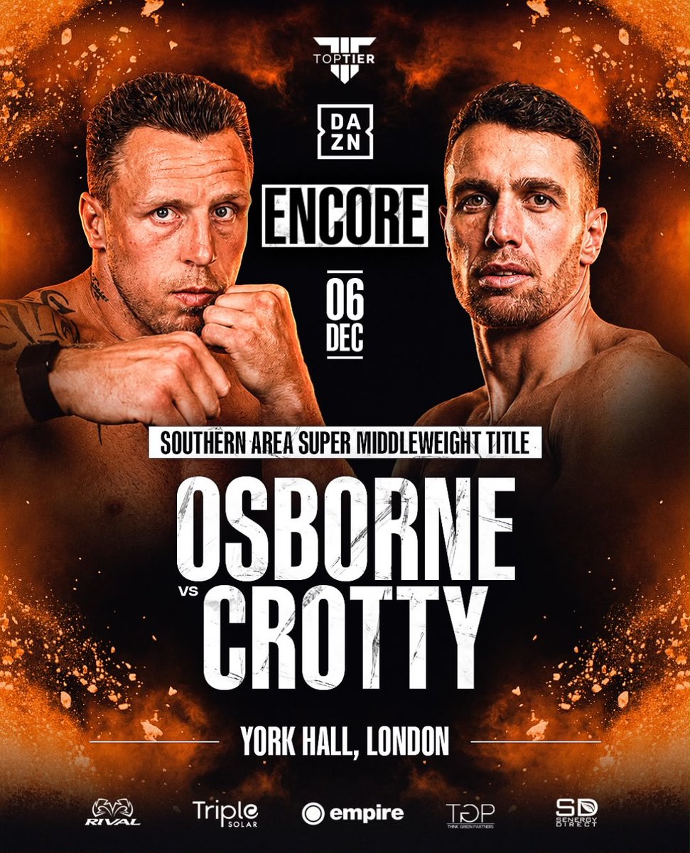 _toptierboxing's tweet photo. Osborne and Crotty settle it for the Southern Area Super Middleweight Title 💀

#RedstallBranmaer | ENCORE | York Hall, London | DEC 6 | @toptier | LIVE on @daznboxing

Engineered for excellence, proven in battle | @empirefightstore ⚔️

#TopTier #boxing https://t.co/bXm8mpaZuM