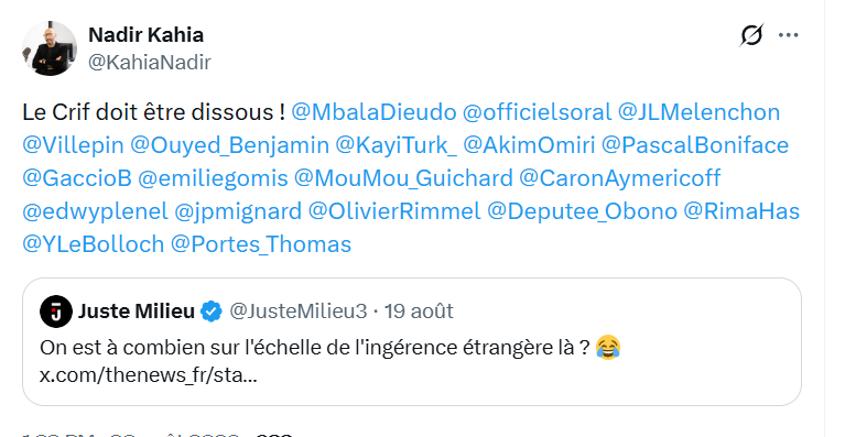 JZefka's tweet photo. Quand un chroniqueur radio lance un appel à la dissolution du CRIF, il semble savoir précisément qui ameuter : il adresse son message à Dieudonné, Soral, Mélenchon, Omiri, Villepin, Boniface, Gaccio, Gomis, Mignard, Obono, Portes, Le Bolloch, Hassan et même au demeuré Benjamin Ouyed... La convergence des luttes, ici, c'est celle de l'antisionisme et de l'antisémitisme, ciment d'une possible coalition de demain.