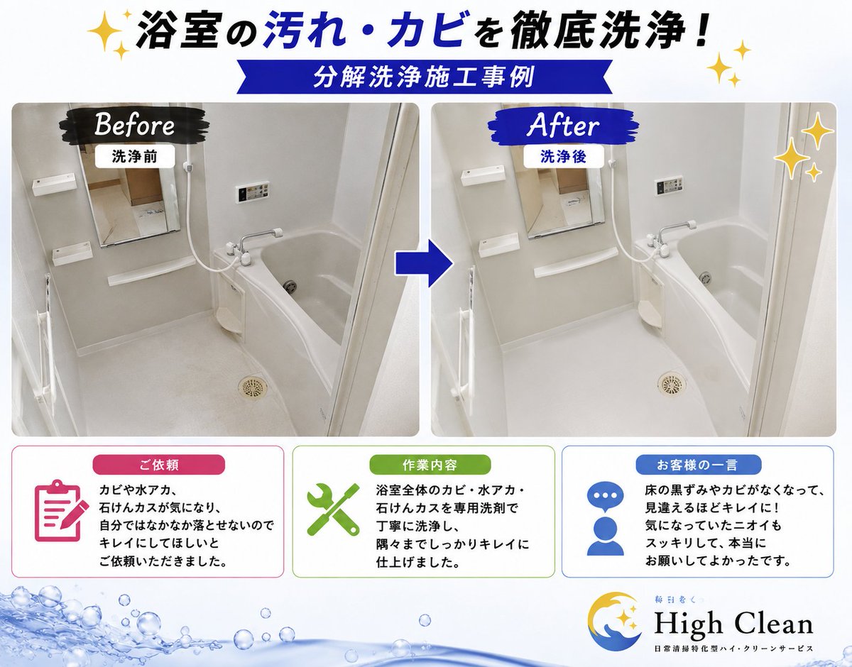 High_Clean_2020's tweet photo. 【浴室クリーニング￥16,500】
カビや水垢、石けんカスが気になり、なかなか落とせないのでキレイにしてほしいとご依頼いただきました。
浴室全体のカビ・水アカ・石けんカスを専用洗剤で定年に洗浄し、隅々までしっかりキレイに仕上げました。
【お客様の一言】
床の黒ズミやカビがなくなって見違える https://t.co/FY0KChheMT