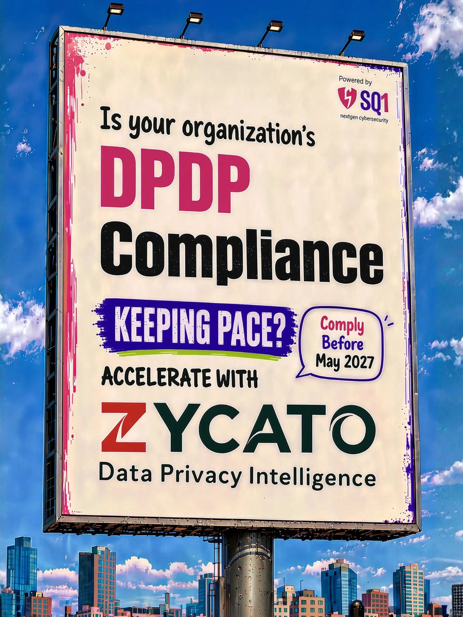 sq1_security's tweet photo. DPDP compliance without the spreadsheet chaos. 🔐

Meet Zycato, Data Privacy Intelligence that unifies discovery, consent, rights, risk, governance, automation, and audit readiness in one platform.

Know. Manage. Protect. With Zycato. ✅

#Zycato #DPDP #DataPrivacy #Compliance https://t.co/AltUB2JAUl