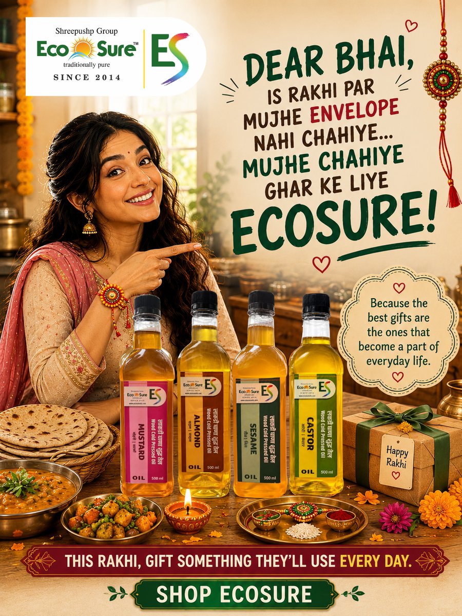 ecosureoils's tweet photo. This Rakhi, skip the gifts that sit in a drawer. 🎁
Give something they’ll actually use every day. ❤️
From Coconut &amp; Sesame to Mustard &amp; Almond Oil, make your Rakhi gifting more meaningful with EcoSure Wood Cold Pressed Oils traditionally pure and made for everyday goodness. 🌿 https://t.co/cKrfeeZ7xQ