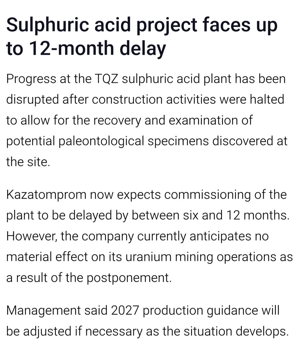 Stefano_1799's tweet photo. $KAP
Sulfuric acid plant delayed by up to 12 months ⚠️
 As always in the #uranium space, reality hits hard and crushes the rosy expectations.
Probably time to get back to my s-d model and see just how much more stretched the uranium deficit is right now 🤯 https://t.co/aEMQ6w85Ha