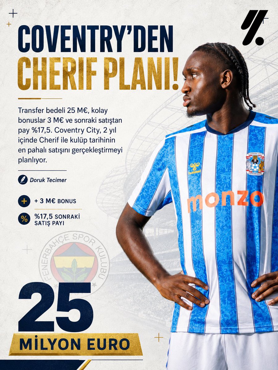 teksaha's tweet photo. Sidiki Cherif’in Coventry City’ye transferinin detaylarına dair ulaştığım veriler:

• Transfer bedeli: €25M
• Kolay bonuslar: €3M
• Sonraki satıştan pay: %17,5

Coventry City, 2 yıl içerisinde Cherif ile kulüp tarihinin en pahalı satışını gerçekleştirmeyi planlıyor. (Doruk Tecimer)