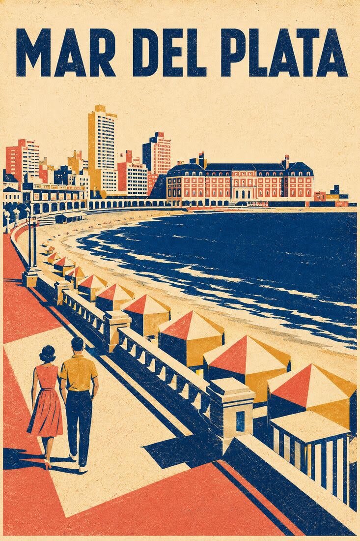 Gauyo's tweet photo. Póster vintage Mar del Plata. 
Prompt: Póster turístico argentino de los años 1950 para Mar del Plata. Costa atlántica estilizada con mar azul profundo, paseo costero, sombrillas geométricas y arquitectura costera reconocible. Pareja pequeña vista desde atrás, secundaria. Serigrafía y linograbado de mediados de siglo; formas planas, sombras angulares y textura de tinta. Formato vertical 2:3, horizonte alto y diagonales del paseo hacia el mar. Máximo cuatro tintas: azul marino, coral, crema y mostaza. Texto exacto, centrado arriba: “MAR DEL PLATA”, en mayúsculas geométricas gruesas. Leve desregistro y grano de papel. Sin otras palabras, logos, degradados, brillo 3D ni estética fotográfica.