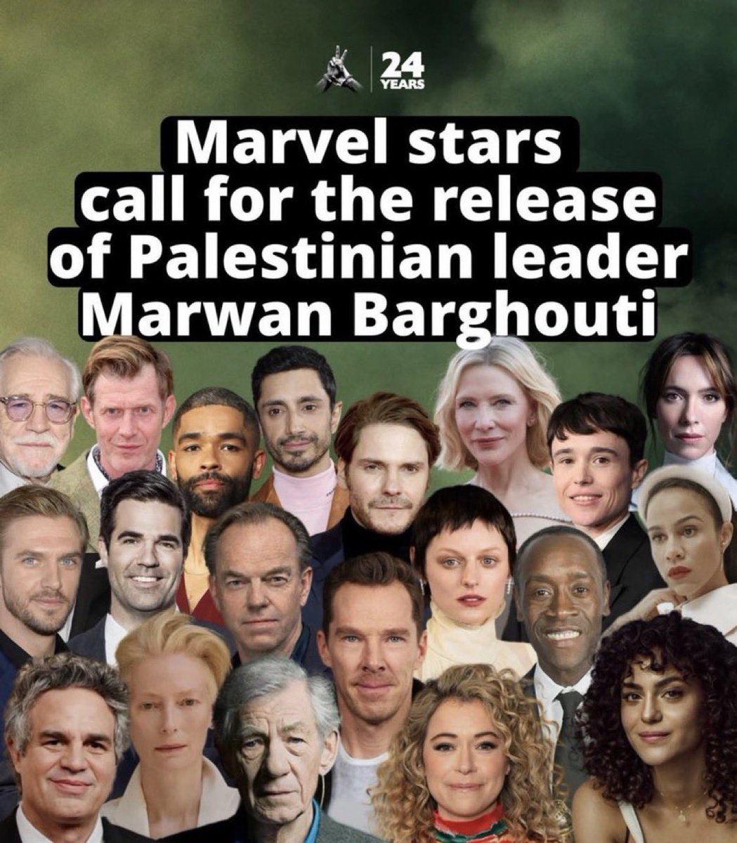 toddrichman's tweet photo. Hey you more than 20 actors with @Marvel @MarvelStudios @Avengers connections who have signed a statement calling for Marwan Barghouti’s release. 

Let me introduce to you those that were murdered because of Barghouti’s orders! You don’t even have the decency to acknowledge them!!!! So I will. Shame on you. 

The names of the five individuals he was convicted of responsibility for murdering are:
•Father Germanos (Georgios Tsibouktzakis): A Greek Orthodox monk and abbot at St. George’s Monastery in Wadi Qelt, killed in a June 2001 roadside drive-by shooting near Ma'ale Adumim.
•Yosef Havi: Killed in the March 2002 shooting attack at the Seafood Market restaurant in Tel Aviv.
•Elyahu Dahan: Killed in the March 2002 Seafood Market restaurant shooting attack in Tel Aviv.
•Selim Barichat: An Israeli Druze police officer killed in the March 2002 Seafood Market restaurant shooting attack in Tel Aviv. 
•Yoela Chen. She was an Israeli civilian shot and killed on January 15, 2002, during a shooting attack at a gas station near Givat Ze'ev. 
This is along with close to 1,000 other Israelis who were killed by terrorists in the Second Intifada (you can see why Jews condemn the usage of Globalize the Intifada!!!!). 

So:
@MarkRuffalo
Benedict Cumberbatch
Don Cheadle
Tilda Swinton
Cate Blanchett
Daniel Brühl
Hugo Weaving
@IanMcKellen 
Brian Cox
@rizwanahmed
@TheElliotPage
Tatiana Maslany
Kingsley Ben-Adir
Dan Stevens
@robdelaney 

Think the next time so many of you jump on a bandwagon to release a convicted terrorist! Shameful and antiSemitic.