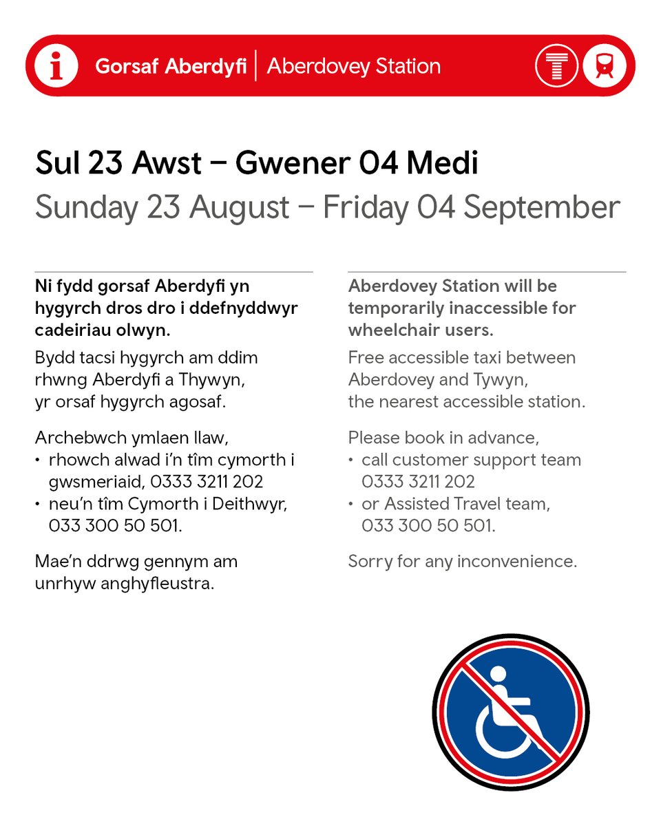 tfwrail's tweet photo. 🚉 Aberdovey (thread)

From 23 August to 4 September, the station platform will be inaccessible for wheelchair users due to improvement works.

🚖 We will provide a free accessible taxi between Aberdovey and Tywyn. https://t.co/2mb3AlNM8O