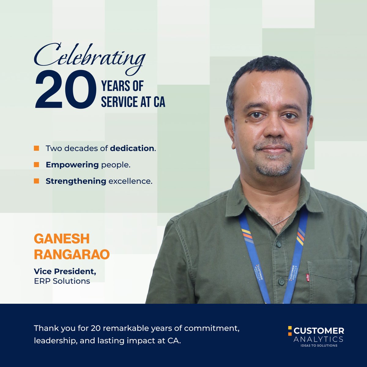 humantechnology's tweet photo. Today, we proudly celebrate a remarkable milestone at Customer Analytics.
Congratulations to Ganesh Rangarao, Vice President - ERP Solutions, and Sujatha S, Vice President - Analytics &amp; Business Solutions, on completing 20 years of dedicated service with Customer Analytics. https://t.co/Tkih3sqGVZ