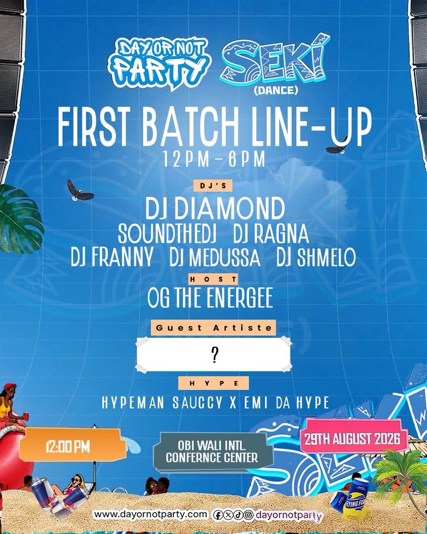 SEYNdiscover's tweet photo. This is what MADNESS IN THE SUN sounds like.

The first batch of DJs, host and hypemen bringing the energy for your daytime SEKI experience.

12PM – 6PM. Come ready to dance.☀️💙🌴💦

📅 29th August 2026
📍 Obi Wali Intl. Conference Center
⏰ 12PM – 6PM

#dayornotparty https://t.co/jmnPbhqOru