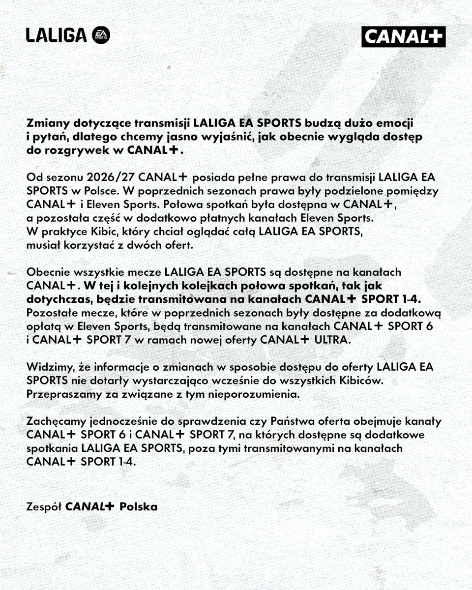CANALPLUS_SPORT's tweet photo. Komunikat CANAL+ w sprawie LaLiga EA Sports ⬇️ https://t.co/lzzG7rIY3Q