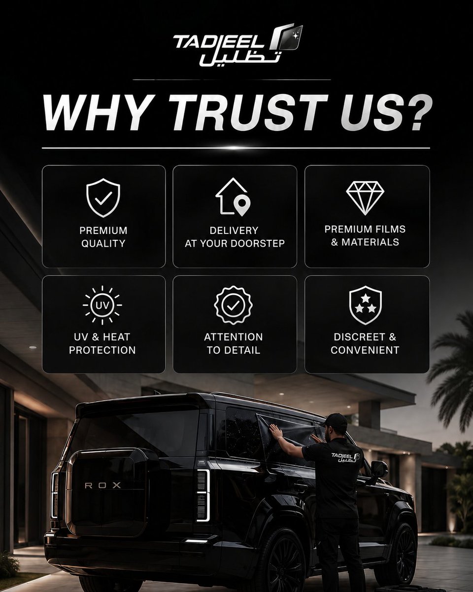 tadleelae's tweet photo. Why choose TADLEEL? ✨

Premium quality films, heat and UV protection, enhanced privacy and a convenient experience delivered to your doorstep.

#TADLEEL #PremiumWindowFilms #UVProtection #CarProtection #UAE https://t.co/hkJgyDvLlC