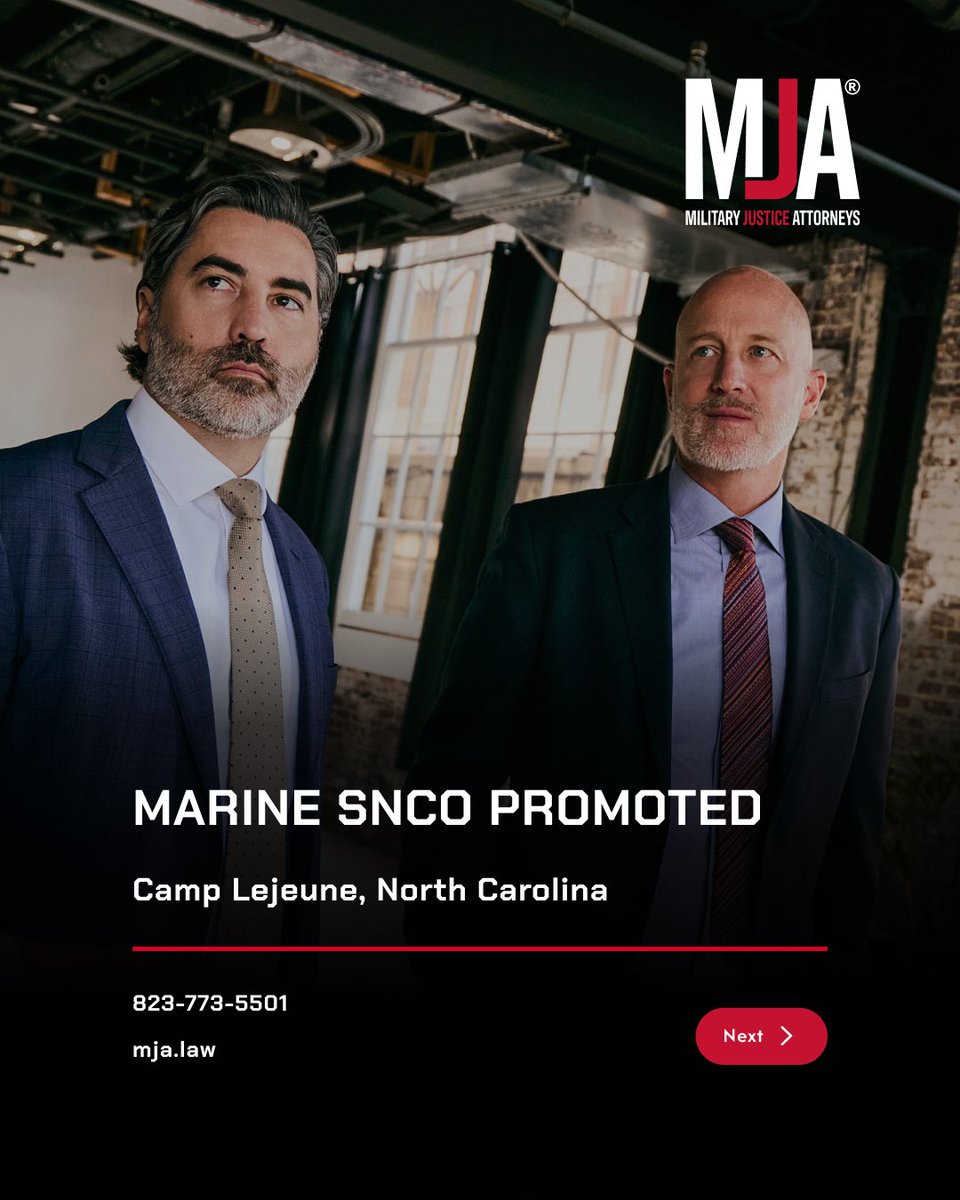 HealyLawGroup's tweet photo. A Marine SSgt facing NJP at Camp Lejeune for an alleged Article 92 violation refused to back down. He demanded trial by court-martial. MJA got the matter resolved administratively and secured his pending E-7 promotion.

Facing NJP? Contact us today. https://t.co/8RHBhmulrG