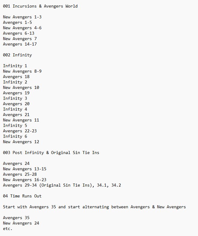 comicsexplained's tweet photo. Reposting this reading order for Hickman’s Avengers/New Avengers &amp; Secret Wars. It’s the one I prefer to use. https://t.co/huQyfWBxlE