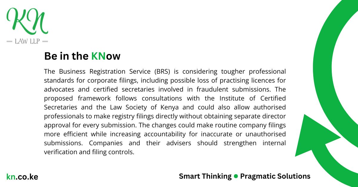 KNLaw_LLP's tweet photo. Kenya Corporate Compliance: BRS Moves to Strengthen Accountability for Corporate Filings
#BeintheKNow #KNLawLLP #CorporateCompliance #KenyaLaw #BRS #BusinessRegistration #Governance https://t.co/OGDomFcERt