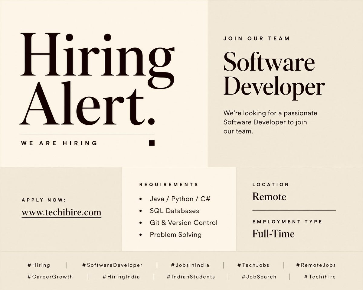 real_techihire's tweet photo. Hiring Alert: Software Developer
Apply Now: https://t.co/KWDKH1aGAM
We're looking for a passionate Software Developer to join our team.
Location: Remote
Employment Type: Full-Time
#Hiring #SoftwareDeveloper #JobsInIndia #TechJobs #RemoteJobs #CareerGrowth #HiringIndi https://t.co/H1HPmX1jkq