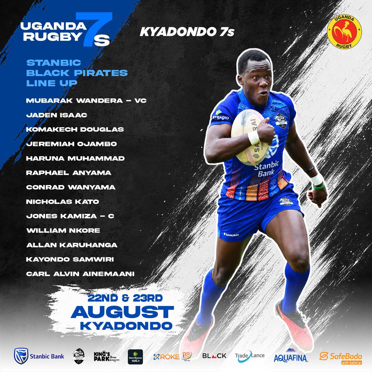 piratesrugbyUG's tweet photo. Squad news ahead of #Kyadondo7s 

▪️ Jones leads the crew.
▪️Mubarak and Jaden return to action.
▪️ Raphael and Samwiri get first time 7s action this year.
▪️ Conrad cleared to sail. 

COME ON YOU PIRATES 🏴‍☠️ 

#StanbicPirates ll #RokeWithPirates ll #VisitKPA ll #PiratesStrong https://t.co/inJQgLG5np