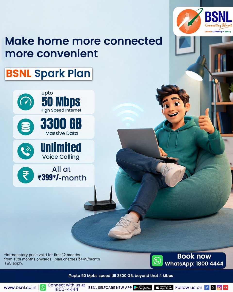 BSNLCorporate's tweet photo. With the BSNL Spark Plan, enjoy up to 50 Mbps high-speed internet, 3300 GB high-speed data and unlimited voice calling at an introductory price of ₹399/month for the first 12 months.

#BSNLIndia #InternetForEveryone #DigitalLife #IndiaOnline #BSNLServices #SmartIndia #EverydayConnectivity @CMDBSNL @robertravi21