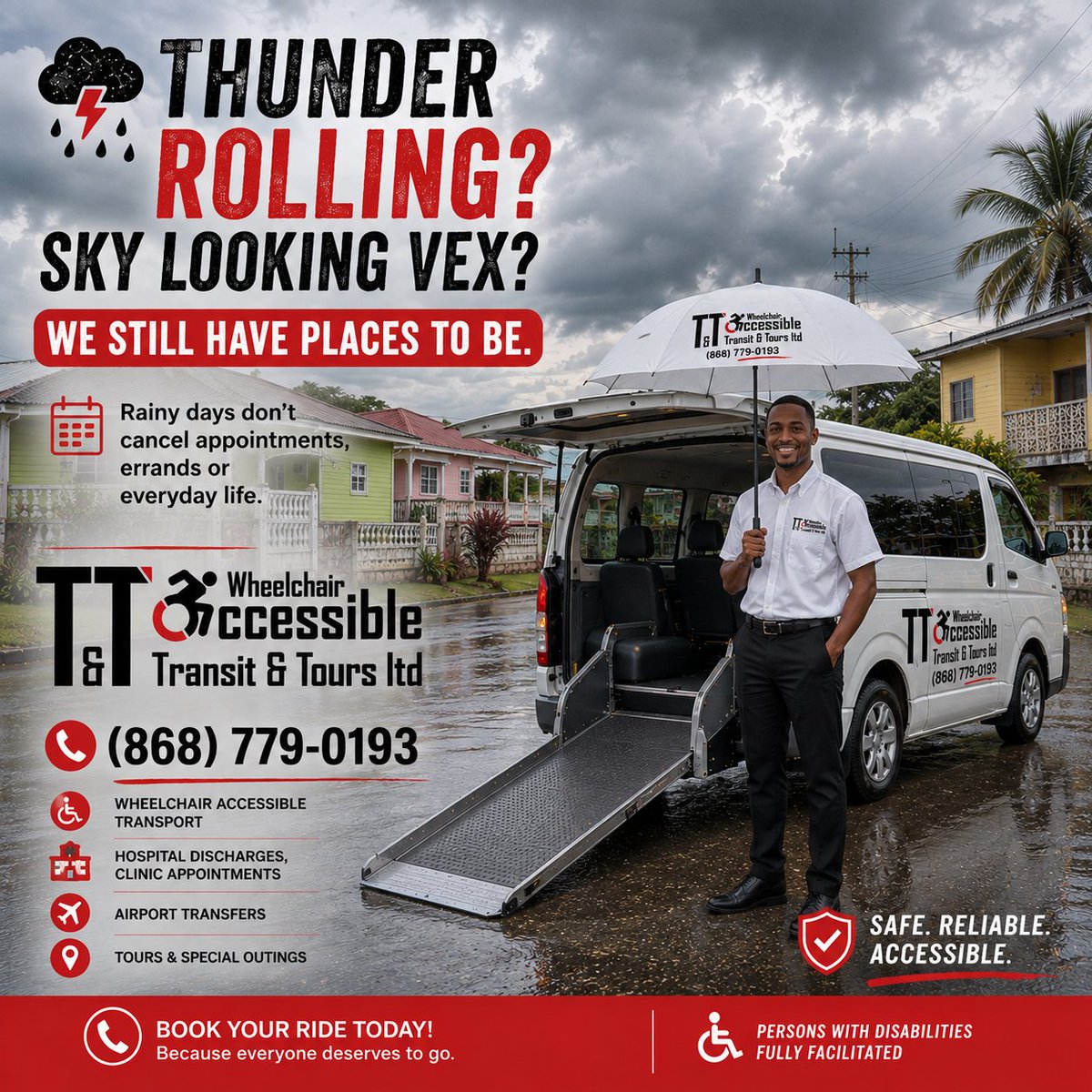 TTWheelchair's tweet photo. Rain only stops cricket! We still have places to be. ♿🚐

#accessibletrinidad
For your wheelchair accessible transportation:
 (868) 779-0193

info@wheelchairtransporttt.com
https://t.co/uv0UJwv24t

#trinidadwheelchair #AccessibleTransportation #trinidadandtobago #trinidad https://t.co/KbJO90Z82Y