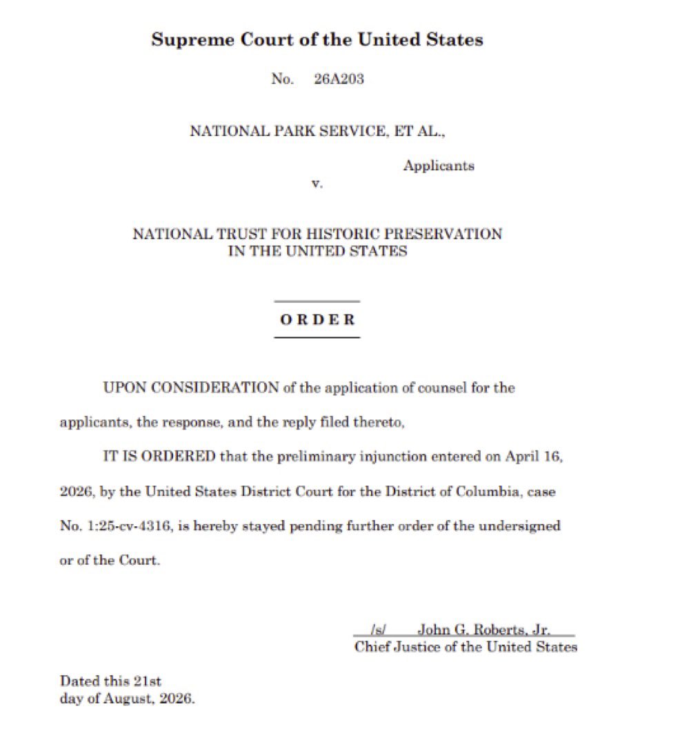 PollTracker2024's tweet photo. AP: US Supreme Court Chief Justice allows work on Trump’s $400M White House ballroom to continue for now. https://t.co/mBXmmDeFLi