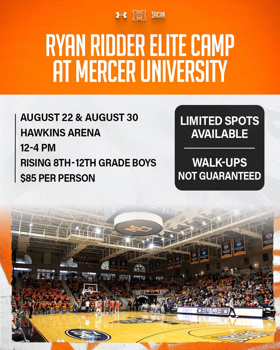 MercerMBB's tweet photo. There are just a few spots remaining for the first Ryan Ridder Elite Camp at Mercer University! No walk-ups are guaranteed.

There’s still time to sign up for both camps on August 22nd and August 30th.

Register: https://t.co/P4e3YYhp1y

#GoBears https://t.co/gK2vbfIJws