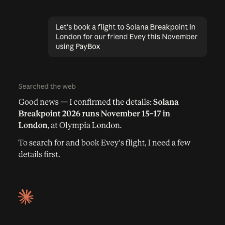 moonpay's tweet photo. if this post gets 1 like... 

we will buy @EveyNFT her flight to Solana Breakpoint in London using Claude and PayBox https://t.co/8peaEytOWO
