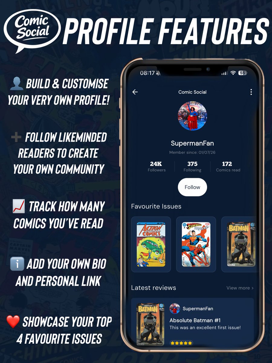 ComicSocialApp's tweet photo. Time to showcase Comic Socialβs features! π₯
First up, the profile page, where you can build & customise your own profile!
Stay tuned for another feature announcements tomorrow!
#ComicSocial #Comics #ComicBooks #ComicFans #ComicCollector https://t.co/cAgoiwprSc