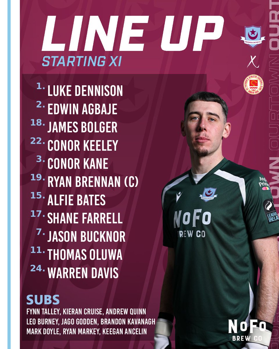 DroghedaUnited's tweet photo. League | Drogheda United Starting XI vs St. Patrick's Athletic

Brennan, Davis and Oluwa start.

🟣🔵 #WeAreDrogs | #OurTownOurClub https://t.co/9XlysCTJ5H