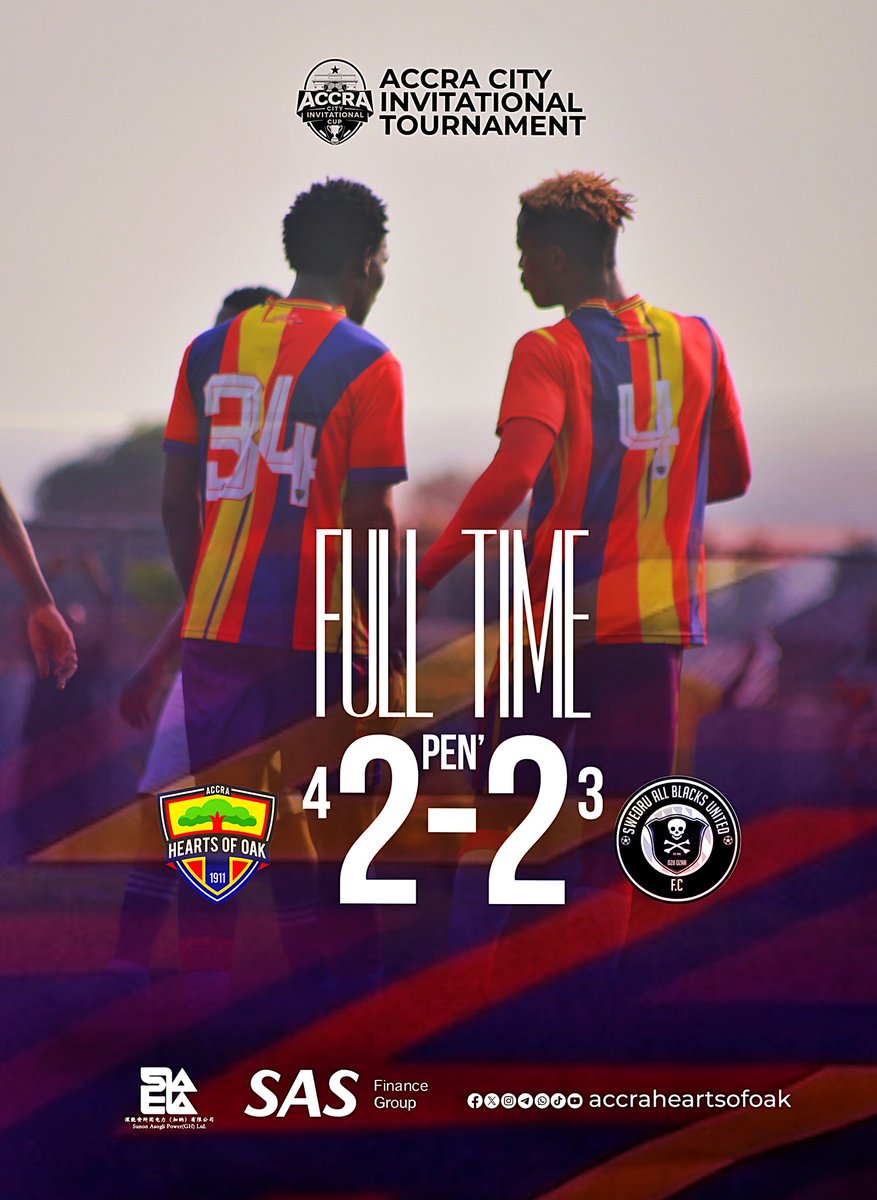 HeartsOfOakGH's tweet photo. 🚨 MATCH UPDATE | ACCRA CITY INVITATIONAL TOURNAMENT

FULL TIME

Hearts of Oak 2️⃣–2️⃣ All Blacks

It was all square after 90 minutes, but the Phobians held their nerve from the spot.

PENALTY SHOOTOUT RESULT

Hearts of Oak 4️⃣–3️⃣ All Blacks ✅

#AccraCityInvitationalTournament #HeartsOfOak #AllBlacks #PreSeason2026 #Penalties