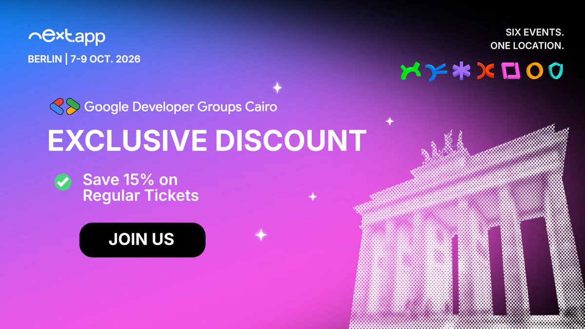 GDGCairo's tweet photo. GDG Cairo is heading to Berlin! 🇩🇪 🚀 

We’re excited to announce our partnership with next. app devCon 2026 — bringing together six events, one location, and the wider mobile ecosystem in Berlin this October! 📱 https://t.co/O3pKu3Kc2W