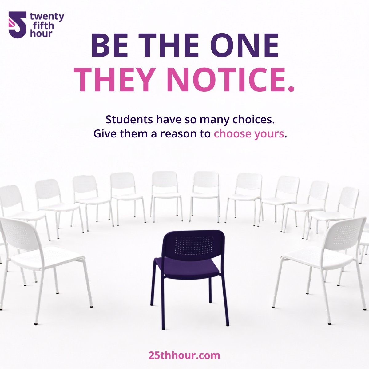 25thHourComm's tweet photo. One choice stands out for a reason. 👀💜

Make sure your college gives students something worth noticing—and choosing.

#HigherEdMarketing #CommunityCollege #StudentRecruitment #25thHour https://t.co/2bkXD8iQC6