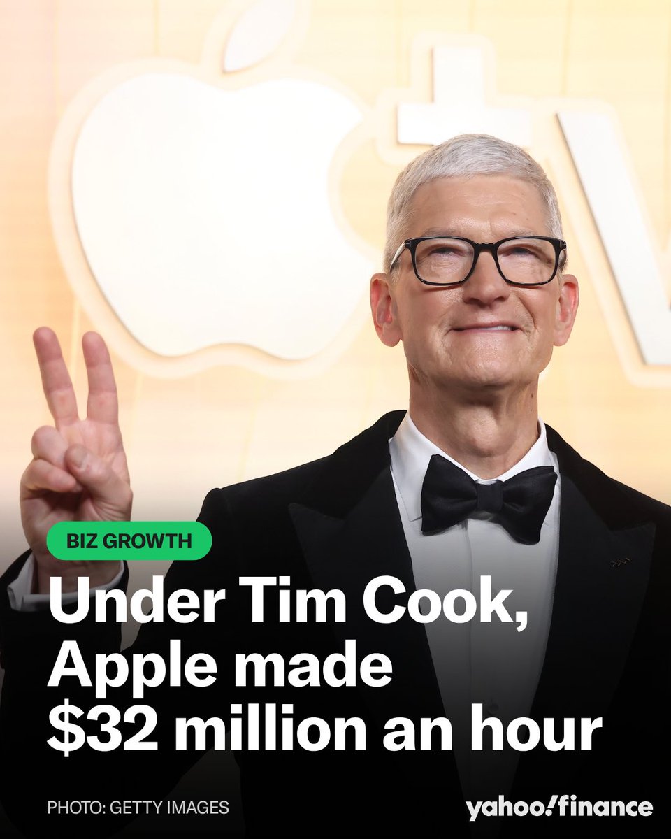 YahooFinance's tweet photo. Incoming Apple CEO John Ternus has massive shoes to fill as he steps into the role replacing Tim Cook. 

Under Cook's nearly 15-year tenure, Apple’s market value grew at an astounding rate of $32 million every single hour. 📈🍏 https://t.co/xlPIz9B0PR https://t.co/wzlWhUDlMf