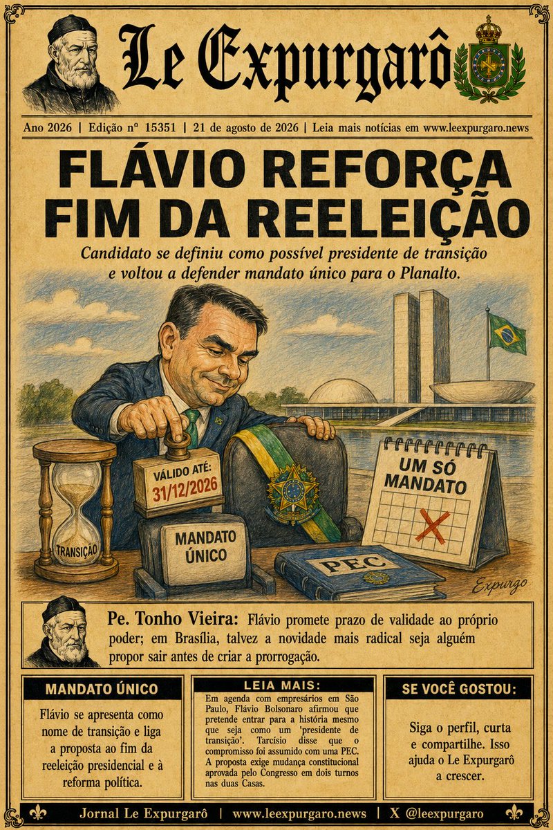 LeExpurgaro's tweet photo. FLÁVIO REFORÇA FIM DA REELEIÇÃO: Candidato se definiu como possível presidente de transição e voltou a defender mandato único para o Planalto - Pe. TONHO VIEIRA: Flávio promete prazo de validade ao próprio poder; em Brasília, talvez a novidade mais radical seja alguém propor sair antes de criar a prorrogação. LEIA MAIS: Em agenda com empresários em São Paulo, Flávio Bolsonaro afirmou que pretende entrar para a história mesmo que seja como um 'presidente de transição'. O senador voltou a associar a ideia ao fim da reeleição presidencial e a um mandato único. Tarcísio de Freitas disse que Flávio assumiu esse compromisso ao apresentar uma PEC sobre o tema. O plano de governo do candidato também inclui reforma política e fim da reeleição. A proposta depende de mudança constitucional e, portanto, de aprovação do Congresso em dois turnos nas duas Casas. Pe. Antônio Vieira, Jornal Le Expurgarô - @leexpurgaro