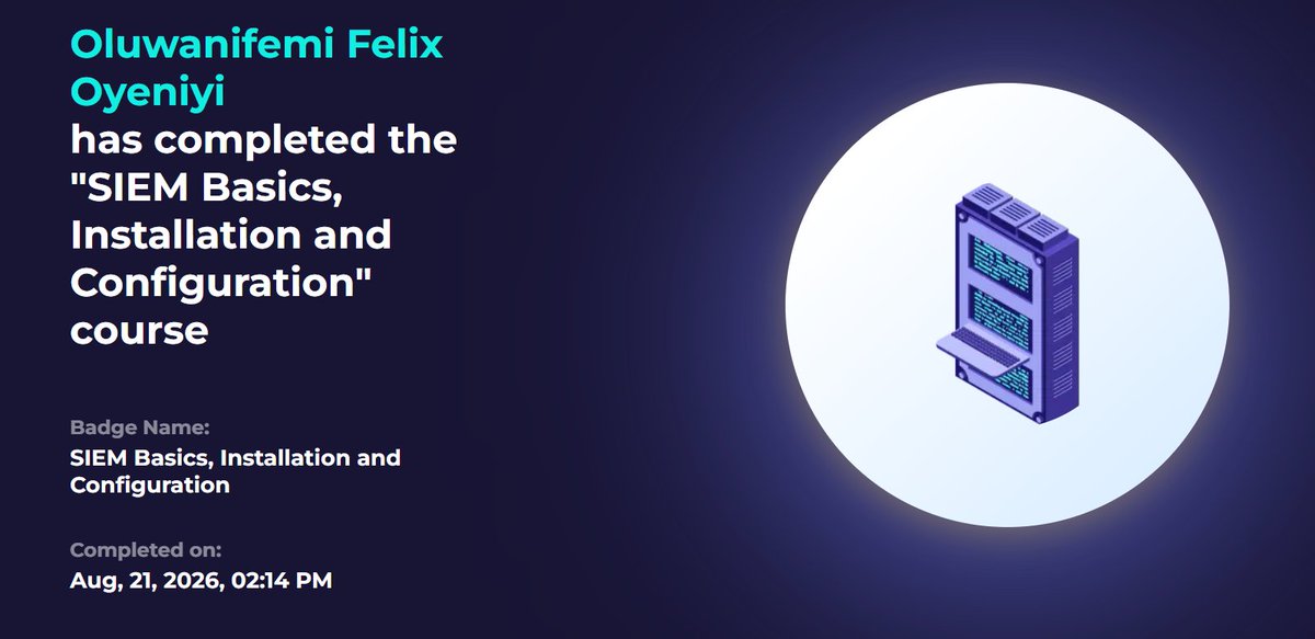 DefendWithFelix's tweet photo. Day 19 of #100DaysOfCybersecurity and I completed 3 SIEM Engineer path courses on LetsDefend ✅
SIEM Basics, Installation & Configuration
SIEM Log Collection and Parsing
SIEM Alert Generation
The SIEM Engineer path is no joke 🔥💪
#SecFelix #SOCAnalyst #BlueTeam #SIEM #LetsDefend https://t.co/M7yhvt9y5f