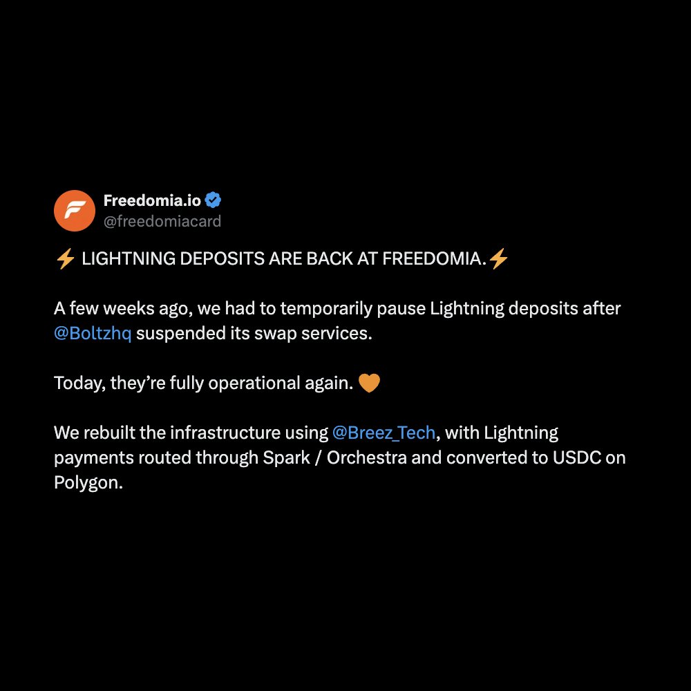 Breez_Tech's tweet photo. Instant bitcoin ✅
Lightning-fast integration ✅
Powered by Breez ✅

Congrats @freedomiacard 

How it started:                                How it's going: