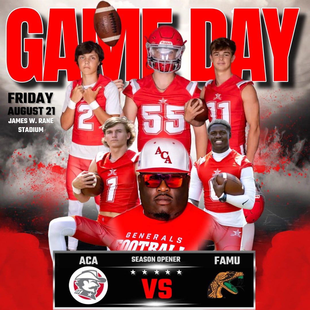 ACAGeneralsAth's tweet photo. The countdown is over‼️ Game day is here and the Generals are ready to kickoff a new season‼️

🆚: FAMU High 
🏟️: James W. Rane Stadium
🕰️: 7:00pm Kickoff 
🎭: ACA Spirit (One Team One Goal) 

#GoGenerals #FridayNightLights #LeadTheCharge

🔴⚪️⚔️ https://t.co/ehfRZLXgLM