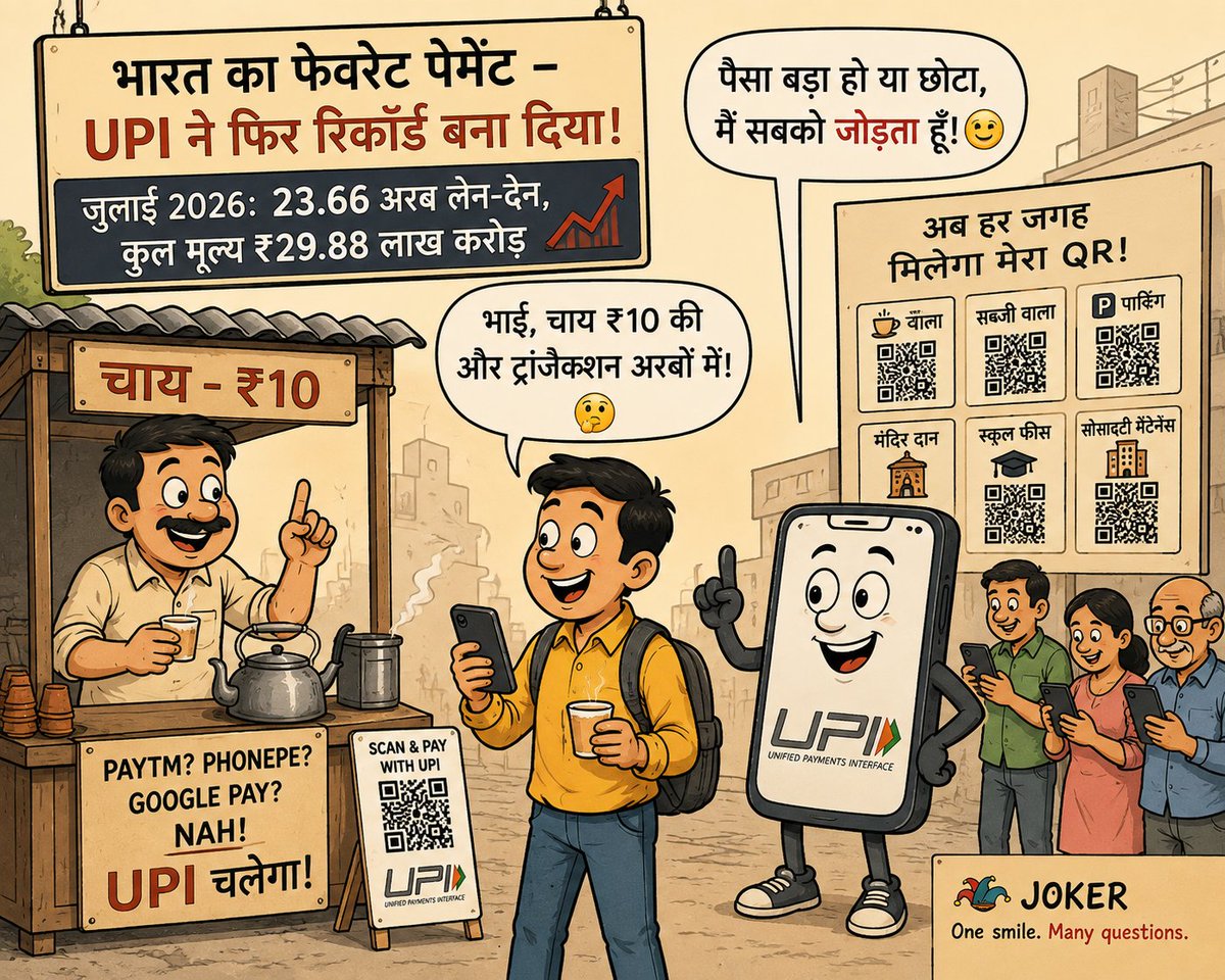 Jokervuc's tweet photo. चाय ₹10 की… लेकिन payment system का हिसाब ₹29.88 लाख करोड़! 😂📱
भारत में digital payment अब सिर्फ सुविधा नहीं रहा—
₹10 की चाय से लेकर करोड़ों के कारोबार तक, QR हर जगह पहुँच चुका है।
JOKER — One smile. Many questions. https://t.co/vS6DZ1agbe