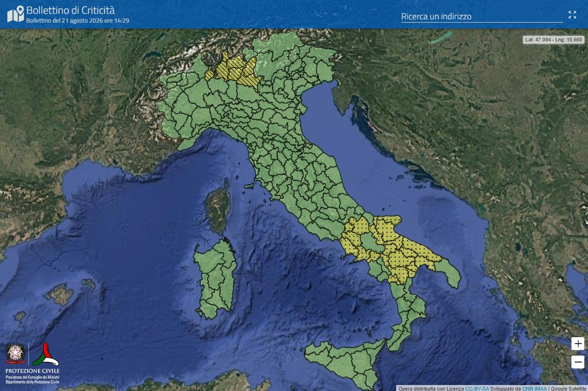 DPCgov's tweet photo. Sabato 22 agosto
🟡🔔 #allertaGIALLA in Puglia, Basilicata, Campania, Molise e Lombardia.
Consulta il bollettino nazionale di allerta meteo-idro 👉 https://t.co/mE6sFKPdqY https://t.co/3UPzaqV9YB