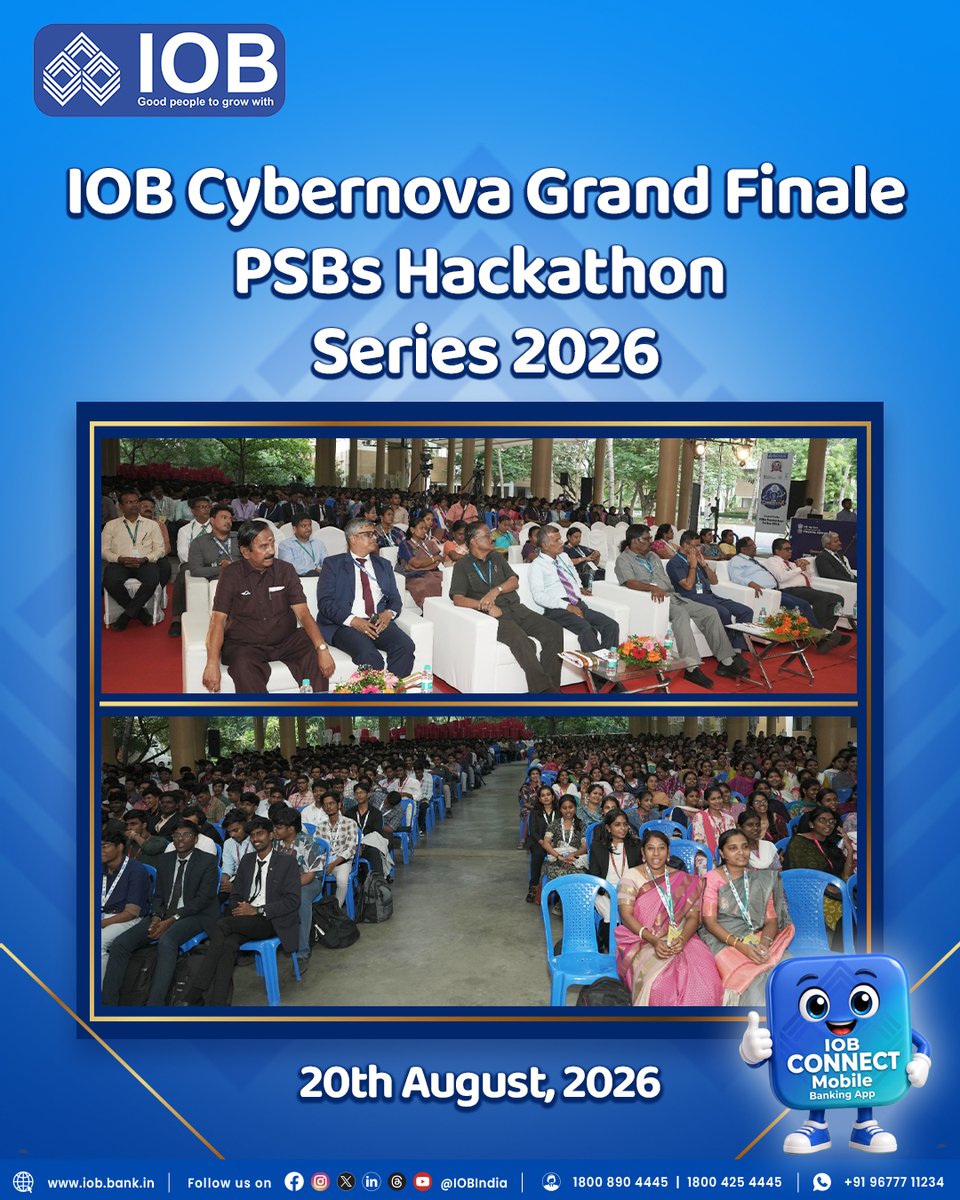 IOBIndia's tweet photo. 🚀 IOB Cybernova Hackathon 2026 successfully concluded at RMK Group of Institutions, Thiruvallur, under the PSB Hackathon Series 2026, an initiative of the Department of Financial Services (DFS), Government of India, to promote innovation in Fintech and Cybersecurity.

The Grand Finale was attended by Shri Dhanaraj T, Executive Director, Shri Vikram Khera, General Manager, other senior executives of Indian Overseas Bank, in the presence of Shri R.S. Munirathinam, Founder-Chairman, RMK Group of Institutions. The event celebrated young innovators from across the country, with winning teams recognized and awarded for their outstanding solutions to real-world banking and cybersecurity challenges.

🏆 With participation from nearly 2,000 students across India, the hackathon showcased the power of innovation, collaboration, and youth-driven technology for the future of banking.

#IOBCybernova2026 #PSBHackathon2026 #DFS #Innovation #Fintech #Cybersecurity #IndianOverseasBank #RMKGroupOfInstitutions #FutureOfBanking #Hackathon #StudentInnovation