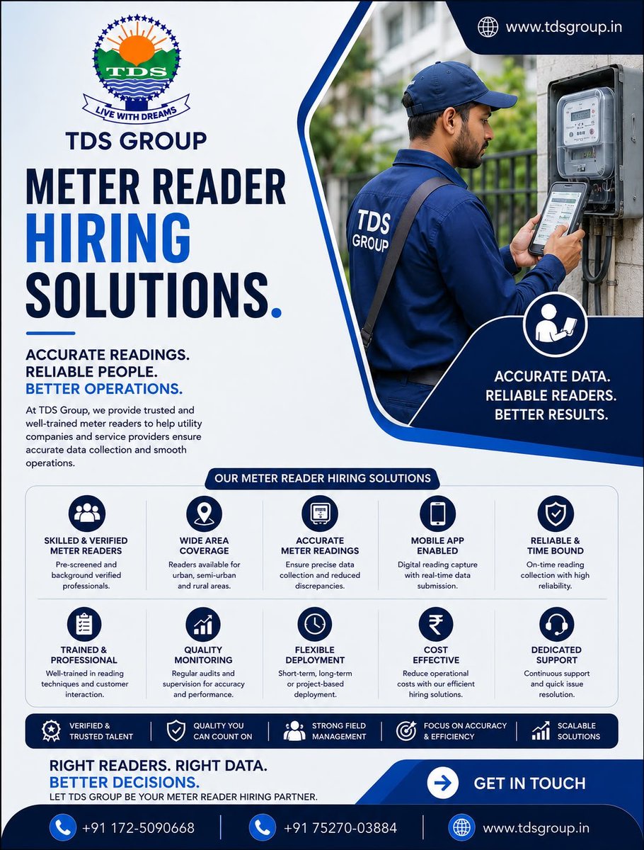 TDSGROUP2's tweet photo. 📍 Meter Reader Hiring Solutions by TDS Group

Skilled people. Accurate readings. Reliable results.

📞 +91 172-5090668 | +91 75270-03884

🌐 https://t.co/ssnbziZ3jq

#TDSGroup #MeterReader #HiringSolutions #ManpowerSolutions #UtilityServices https://t.co/av2lwkgcd0