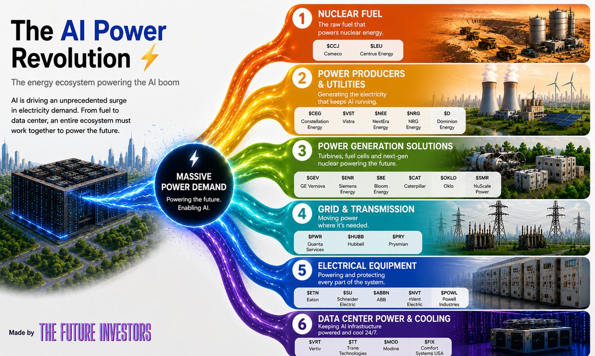 ftr_investors's tweet photo. AI needs more than chips. It needs power. A lot of it ⚡🚀

As AI data centers scale, an entire energy ecosystem is being built to keep them running 👇

☢️ 𝟭. 𝗡𝘂𝗰𝗹𝗲𝗮𝗿 𝗳𝘂𝗲𝗹
$CCJ | Cameco
$LEU | Centrus Energy

⚡ 𝟮. 𝗣𝗼𝘄𝗲𝗿 𝗽𝗿𝗼𝗱𝘂𝗰𝗲𝗿𝘀 & 𝘂𝘁𝗶𝗹𝗶𝘁𝗶𝗲𝘀
$CEG | Constellation Energy
$VST | Vistra
$NEE | NextEra Energy
$NRG | NRG Energy
$D | Dominion Energy

🏭 𝟯. 𝗣𝗼𝘄𝗲𝗿 𝗴𝗲𝗻𝗲𝗿𝗮𝘁𝗶𝗼𝗻 𝘀𝗼𝗹𝘂𝘁𝗶𝗼𝗻𝘀
$GEV | GE Vernova
$ENR | Siemens Energy
$BE | Bloom Energy
$CAT | Caterpillar
$OKLO | Oklo
$SMR | NuScale Power

🔌 𝟰. 𝗚𝗿𝗶𝗱 & 𝘁𝗿𝗮𝗻𝘀𝗺𝗶𝘀𝘀𝗶𝗼𝗻
$PWR | Quanta Services
$HUBB | Hubbell
$PRY | Prysmian

⚙️ 𝟱. 𝗘𝗹𝗲𝗰𝘁𝗿𝗶𝗰𝗮𝗹 𝗲𝗾𝘂𝗶𝗽𝗺𝗲𝗻𝘁
$ETN | Eaton
$SU | Schneider Electric
$ABBN | ABB
$NVT | nVent Electric
$POWL | Powell Industries

❄️ 𝟲. 𝗗𝗮𝘁𝗮 𝗰𝗲𝗻𝘁𝗲𝗿 𝗽𝗼𝘄𝗲𝗿 & 𝗰𝗼𝗼𝗹𝗶𝗻𝗴
$VRT | Vertiv
$TT | Trane Technologies
$MOD | Modine
$FIX | Comfort Systems USA

What’s your top pick for the AI power boom? ⚡🤖
