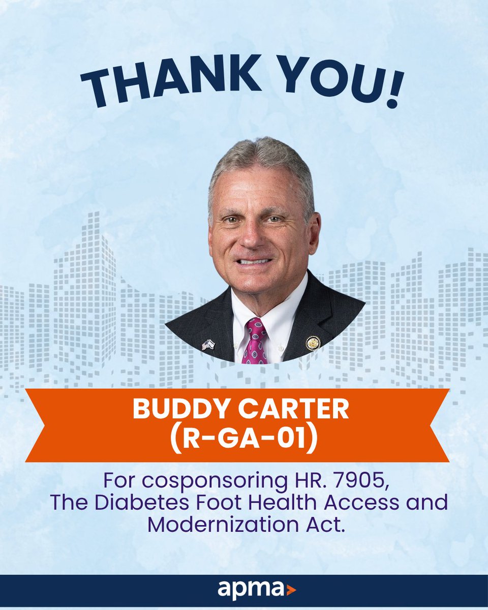 APMA's tweet photo. Thank you @repbuddycarter for cosponsoring H.R. 7905, the Diabetes Foot Health Access and Modernization Act, which would reduce Medicare documentation burdens for therapeutic shoes and establish Medicaid coverage parity for podiatrists! #DiabetesCare https://t.co/n6LAv4i0mX