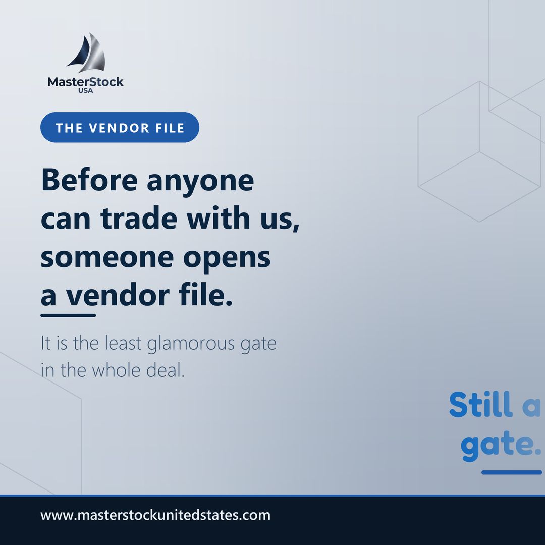 MasterStock_USA's tweet photo. Before a supplier can trade with us, their finance team has to open a vendor file. That is where deals quietly stall.

So we send it first: W-9, certificate of insurance, resale certificate, Delaware C-Corp, a D-U-N-S anyone can look up.

#MasterStock #Overstock https://t.co/dsnEUmltBT