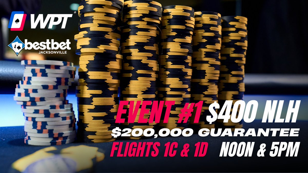 bestbet_jax's tweet photo. WPT Event 1 continues today at bestbet Jacksonville! 

Flights 1C &amp; 1D kick off at noon and 5PM

Click to view the full WPT schedule ➡️ https://t.co/jyqEU3RNuJ https://t.co/020He7z866