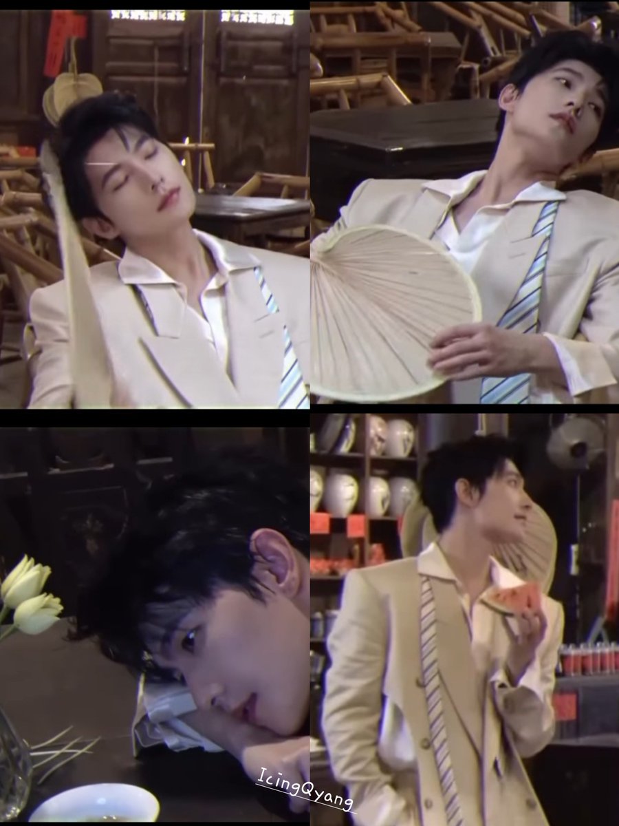 icingquinyang2's tweet photo. #behindthescenes taking a break #YangYang杨洋 holds a watermelon slice to snack on, ponders upon his cup, holds a large fan and just has #chillvibes
Loosened tie, unbuttoned shirt and #laidback pose. #godofvisuals still full of #gorgeousness. https://t.co/ckY8RdJORF
