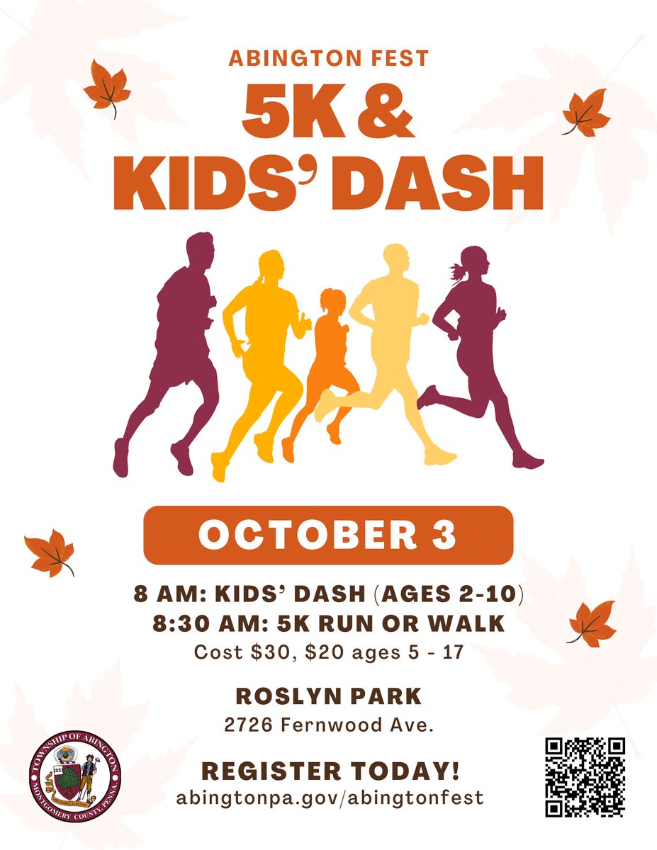AbingtonPA's tweet photo. The Abington Fest 5K and Kids' Dash will be held on Saturday, October 3, 2026! These races are part of a weekend of celebrations in Abington Township. Register at https://t.co/ogKTI2P3qi. https://t.co/MdfgjroRvJ
