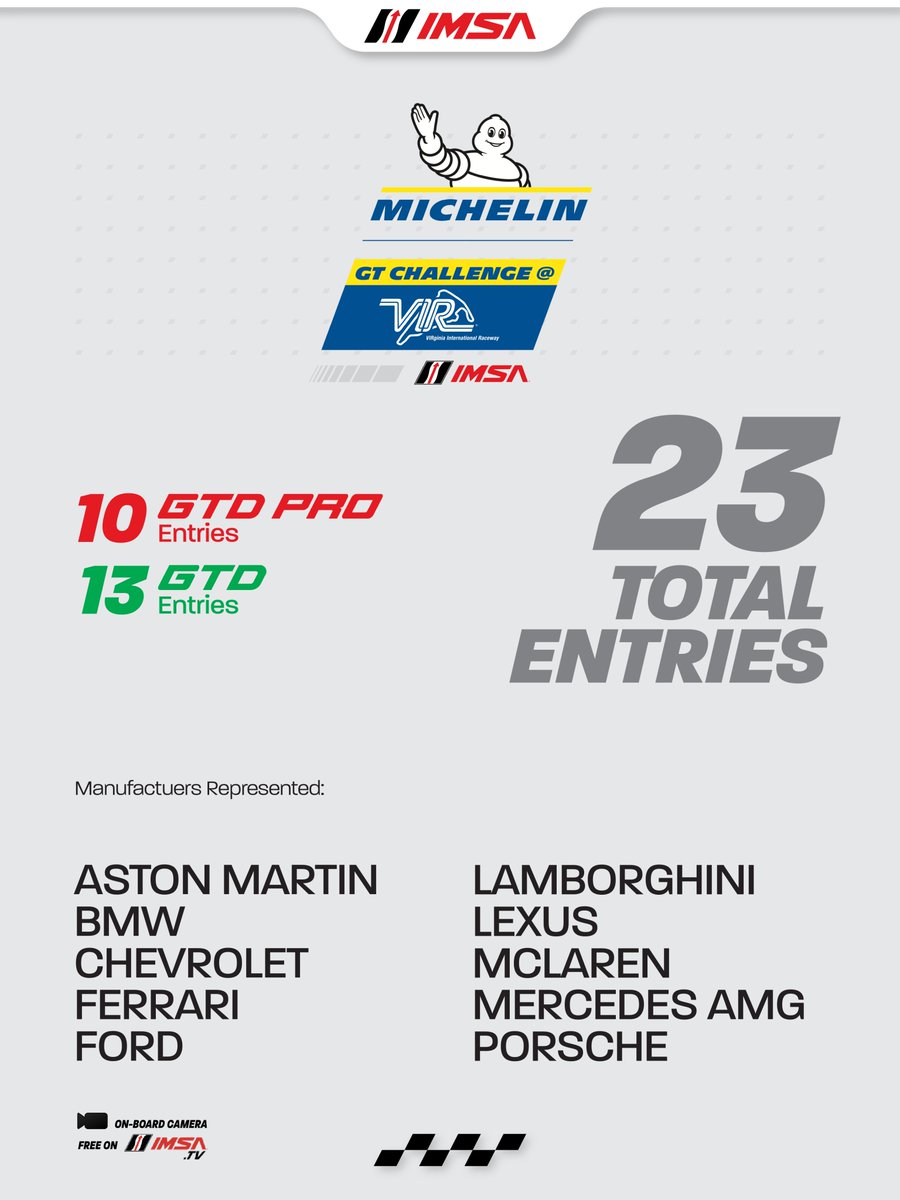 IMSA's tweet photo. Spotter Guide for the 2026 Michelin GT Challenge at VIR!

Michelin GT Challenge at VIR
🟢: Sunday, August 23 | 12:10PM ET
📺: NBC, Peacock
🌍: IMSA YouTube Live, IMSA .tv
📻: IMSA Radio https://t.co/HqlUi0ucG9