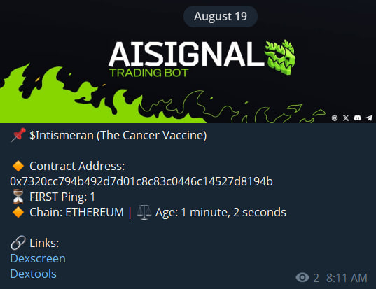 AiSignalBot's tweet photo. Ending the week strong with an @AiSignalBot prediction 

$INTISMERAN 2.36k to 278.74k ATH (118x)

Past results are not indictive of future returns https://t.co/H1iSGS07ZI