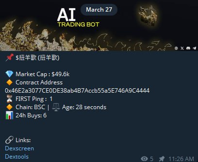 BSCAI_Bot's tweet photo. Happy Friday! Here is an @BSCAI_AI prediction to end the week. 

$扭羊歌 49.6k to 2.47M ATH (49x)

Past results are not indictive of future returns https://t.co/BuK3g5QsRy